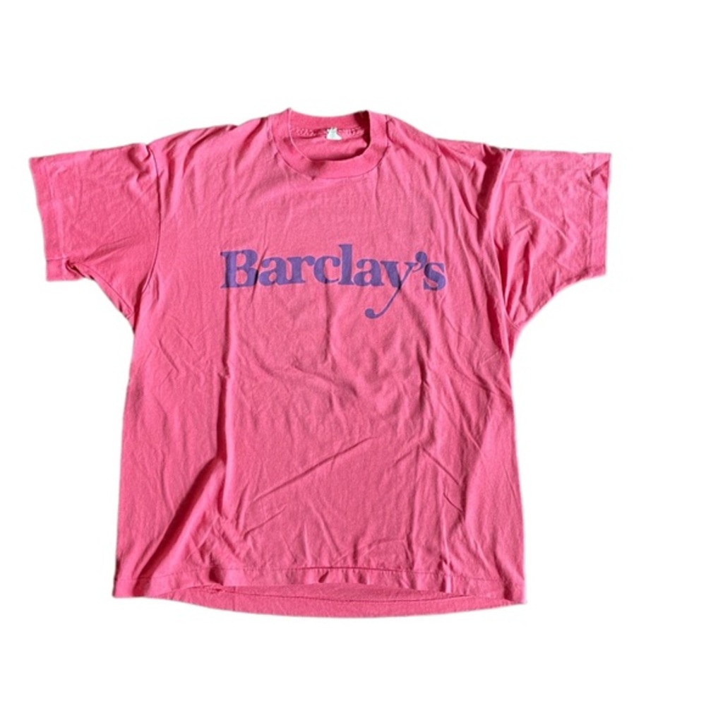 Vintage Barclay’s Bar Graphic Tee | Pink 80s Retro Cartoon Downtown Piqua L